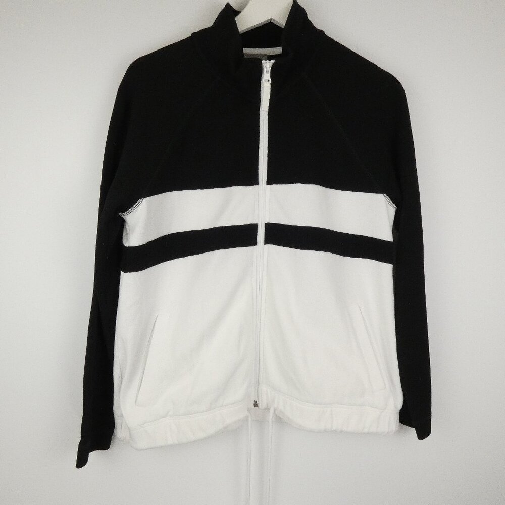 T by Talbots Womens Jacket MP Black White Color Block Pique Mockneck Full Zip